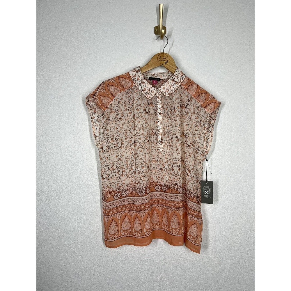 Vince Camuto Botanical Paisley Border Print Top Size Medium M Sheer Coral Cream